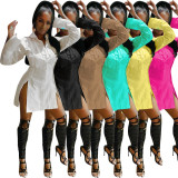 Solid High Waist Split Long Sleeve Shirt Dress HMS-5386