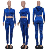 Fashion Velvet Ruched Hooded Cropped Coat And Pants 2 Piece Set YD-8655