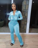 Casual Velvet Zipper Top Wide Leg Pants Two Piece Set YD-8656
