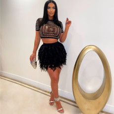 Sexy Perspective Hot Diamond Top And Skirt 2 Piece Set NY-2562