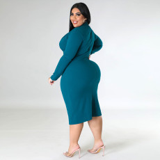 Plus Size V-Neck Solid Color Long Sleeve Midi Dress ONY-7038
