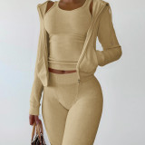 Solid Hooded Coat+Tank Top+Pants 3 Piece Sets CH-8235