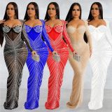 Fashion Hot Diamond Mesh Long Sleeve Maxi Dress BY-6023