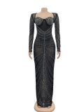 Fashion Hot Diamond Mesh Long Sleeve Maxi Dress BY-6023