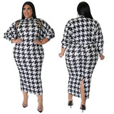 Plus Size Fashion Sexy Sleeveless Houndstooth Print Dress Set NNWF-7708