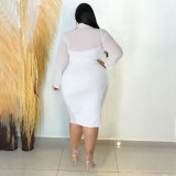 Plus Size Solid Color Zip Mesh Splice Dress NNWF-7688