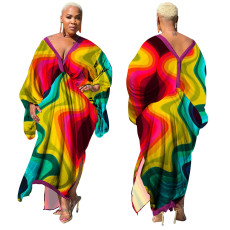 Plus Size V-neck Long Sleeve Print Maxi Dress YF-10248