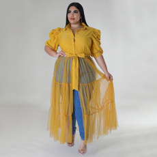 Plus Size Solid Shirts Mesh Splice Perspective Maxi Dress NNWF-7681