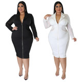 Plus Size Solid Color Zip Mesh Splice Dress NNWF-7688