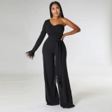 Solid One Shoulder Long Sleeve Jumpsuit CYA-900120