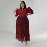 Plus Size Solid Shirts Mesh Splice Perspective Maxi Dress NNWF-7681