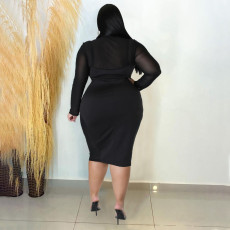 Plus Size Solid Color Zip Mesh Splice Dress NNWF-7688