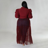 Plus Size Solid Shirts Mesh Splice Perspective Maxi Dress NNWF-7681