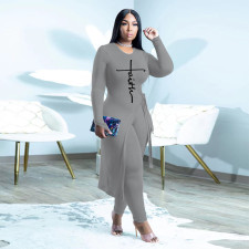 Plus Size Print Long Sleeve Split Two Piece Pants Set AMLF-R3027