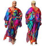 Plus Size V-neck Long Sleeve Print Maxi Dress YF-10248
