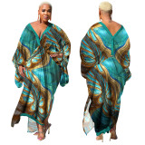 Plus Size V-neck Long Sleeve Print Maxi Dress YF-10248