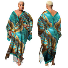 Plus Size V-neck Long Sleeve Print Maxi Dress YF-10248