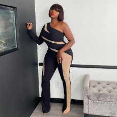 Plus Size Sexy Colorblock Single Sleeve Jumpsuit ONY-7039