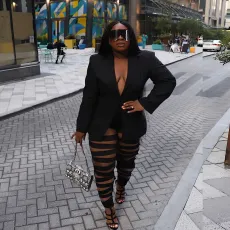 Plus Size Solid Long Sleeve Blazer And Hollow Out Pant Two Piece Set NY-2563
