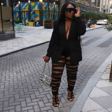 Plus Size Solid Long Sleeve Blazer And Hollow Out Pant Two Piece Set NY-2563