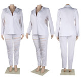 Plus Size Solid Long Sleeve Blazer And Hollow Out Pant Two Piece Set NY-2563