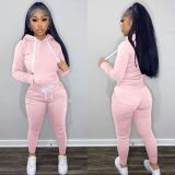 Fleece Solid Color Hooded Pocket Sweatshirt And Pants 2 Piece Set TK-6258