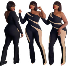 Plus Size Sexy Colorblock Single Sleeve Jumpsuit ONY-7039
