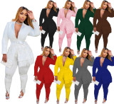 Plus Size Solid Tassel Coat And Pants 2 Piece Sets DAI-8403