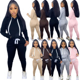 Fleece Solid Color Hooded Pocket Sweatshirt And Pants 2 Piece Set TK-6258