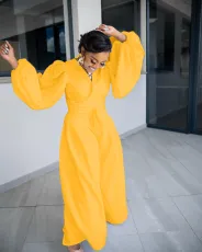 Fashion Solid Puff Sleeve Wide Leg Pant Two Piece Set OMY-81057