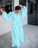 Fashion Solid Puff Sleeve Wide Leg Pant Two Piece Set OMY-81057
