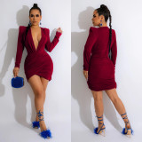 Velvet V Neck Shoulder Pads Long Sleeve Mini Dress BY-6038