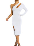 Sexy Solid One Shoulder Sleeve Hollow Out Party Dress MZ- 2766