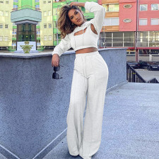 Solid Tank Top+Irregular Hooed Sweatshirt+Straight Pant Suits SH-390416