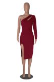Sexy Solid One Shoulder Sleeve Hollow Out Party Dress MZ- 2766