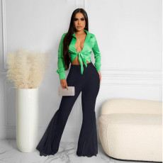 Mesh Splice High Waist Split Flared Pants SCASL-6606