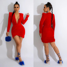 Velvet V Neck Shoulder Pads Long Sleeve Mini Dress BY-6038