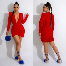 Velvet V Neck Shoulder Pads Long Sleeve Mini Dress BY-6038
