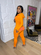 BODY Letter Print Long Sleeve Zipper Hooded Two Piece Pant Set CXLF-8081