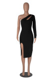 Sexy Solid One Shoulder Sleeve Hollow Out Party Dress MZ- 2766