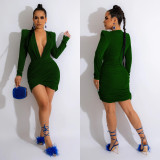 Velvet V Neck Shoulder Pads Long Sleeve Mini Dress BY-6038