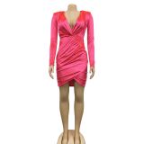 Velvet V Neck Shoulder Pads Long Sleeve Mini Dress BY-6038
