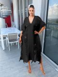 Fashion Solid Knitted See-Through Tassel Midi Dress TR-1226