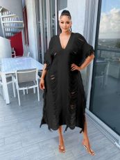 Fashion Solid Knitted See-Through Tassel Midi Dress TR-1226