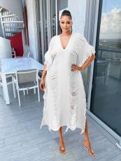 Fashion Solid Knitted See-Through Tassel Midi Dress TR-1226