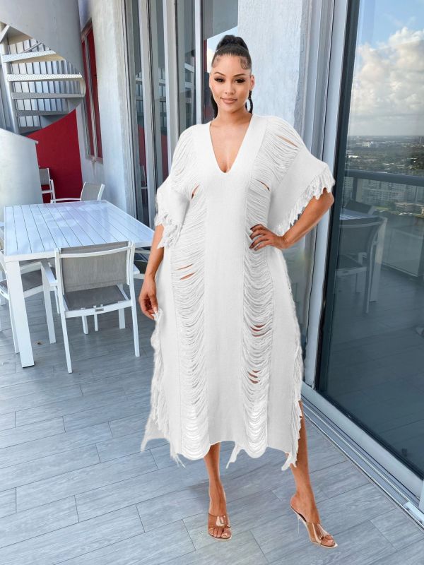Fashion Solid Knitted See-Through Tassel Midi Dress TR-1226