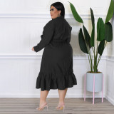 Plus Size Solid Bow Tie Loose Ruffles Casual Dress NNWF-7679