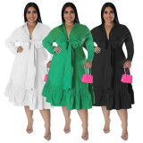 Plus Size Solid Bow Tie Loose Ruffles Casual Dress NNWF-7679