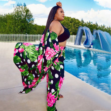 Plus Size Print Long Coat And Loose Pant Two Piece Set NNWF-7602