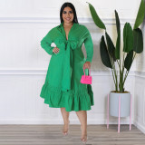 Plus Size Solid Bow Tie Loose Ruffles Casual Dress NNWF-7679